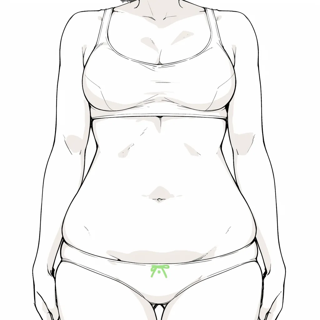 肥満のおなか（女性全身寄り）｜【基本構造】胸から腰にかけて全体的に丸みを帯びたラインを描き方で整理し、均等な膨らみを持たせています。<br>【演出の方向性】陰影の柔らかさによって、穏やかで落ち着いた印象を強調し、健康的な肉感を伝えています。<br>