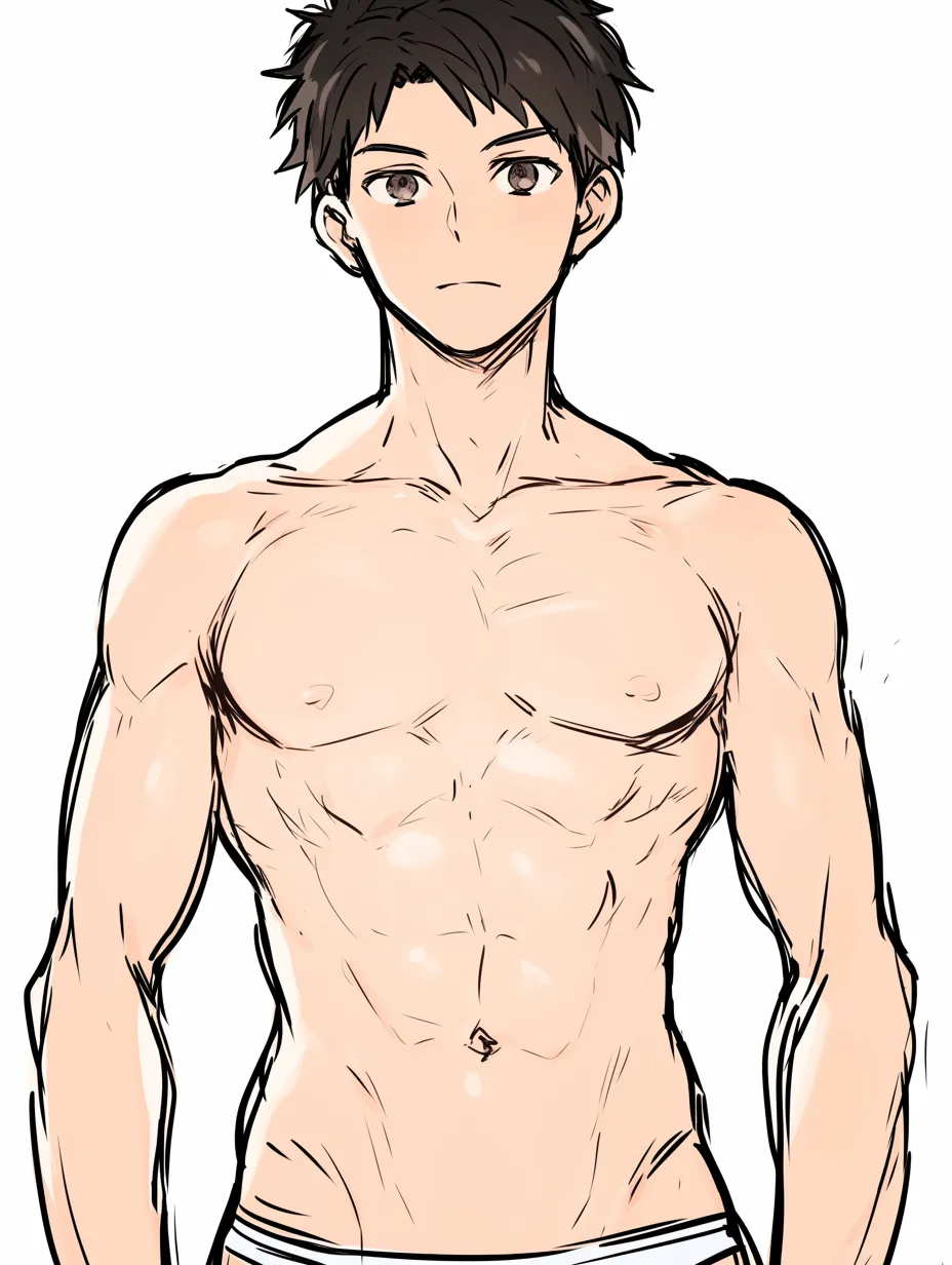 男の体の筋肉質｜【基本構造】広い肩幅と厚い胸板を描き方に取り入れ、腹筋を明確に区切って力強さを強調しています。首から胸にかけての陰影で立体感を強化しています。<br>【演出の方向性】鍛えられた体型が自信や威圧感を与え、シンプルな立ち姿でも存在感を強調する表現です。<br>