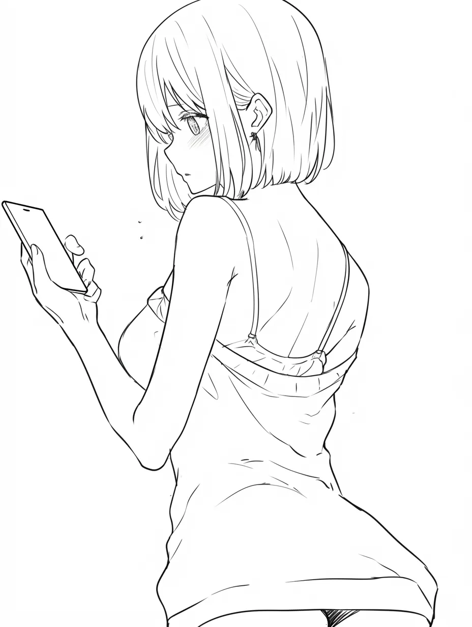 女の子の背中とスマホ｜【基本構造】振り返る上半身を描き方の軸にし、肩から腰の流れを斜めに捉えています。スマホを持つ腕の角度で視線の方向を自然に導き、髪の毛の輪郭で顔の表情を半分隠しています。<br>【演出の方向性】頬の赤みや伏し目がちの表情を強調することで、覗き見や秘密を感じさせる印象を与えています。全体として、少し照れたような雰囲気が漂います。<br>