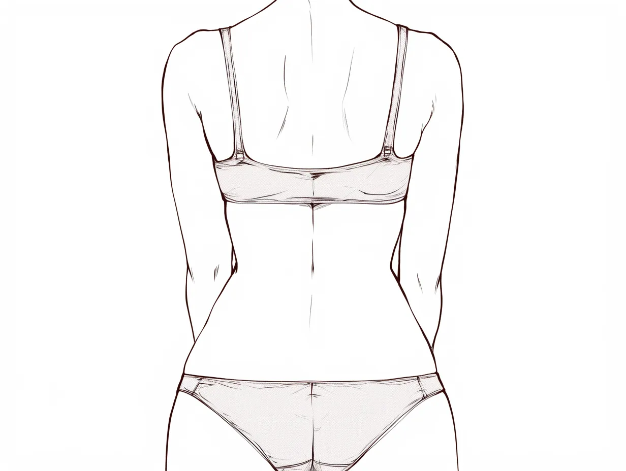 女の子の背中と下着｜【基本構造】真正面の背面図で、肩甲骨から腰にかけての曲線を描き方の中心に据えています。腕は下ろし、背筋のラインを強調する構成です。<br>【演出の方向性】下着のシンプルなデザインと余白の多さが、身体の造形をストレートに伝えています。清潔感や中立的な雰囲気を与える演出です。<br>