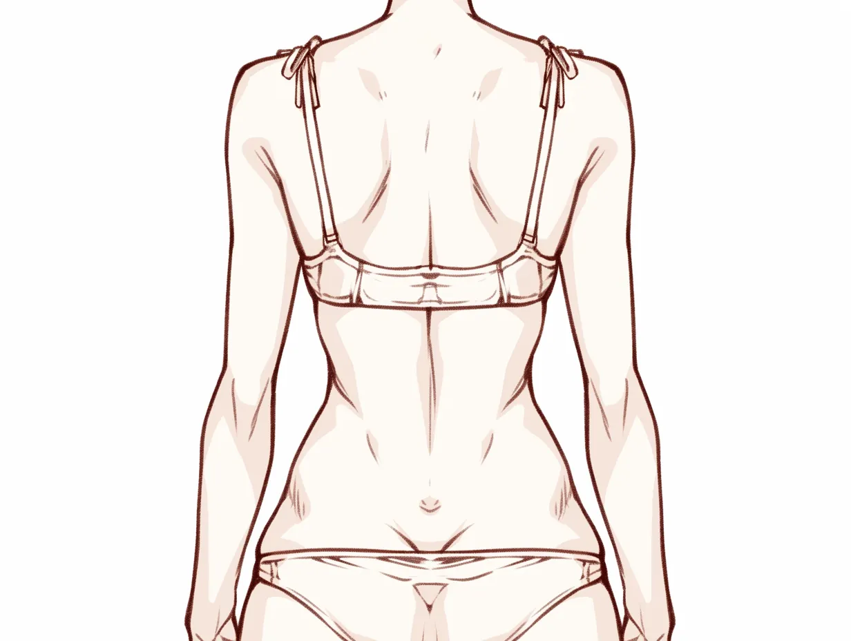 女の子の背中と水着｜【基本構造】背筋の中央を基準に左右対称の描き方で、肩から腰までの縦のラインを明瞭に描いています。肩紐や腰骨の張りがバランスを整えています。<br>【演出の方向性】水着の結び目や体の凹凸が動きを連想させ、活動的で夏らしい印象を強めています。爽やかで解放的な雰囲気を表現しています。<br>