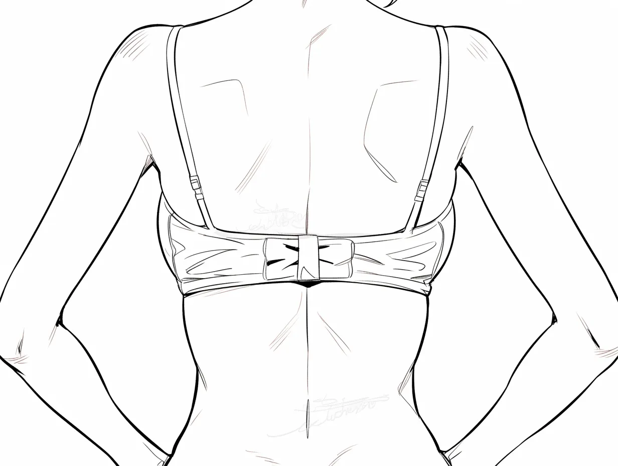 女の子の背中とブラのリボン｜【基本構造】背中のアップに寄った構図で、ブラの結び目を描き方の中心に据えています。背骨や肩甲骨の位置をシンプルに整理し、余計な情報を省いています。<br>【演出の方向性】リボンという装飾が背面にアクセントを加え、可愛らしさやフェミニンさを演出しています。身体の描写が控えめな分、アクセントが際立っています。<br>