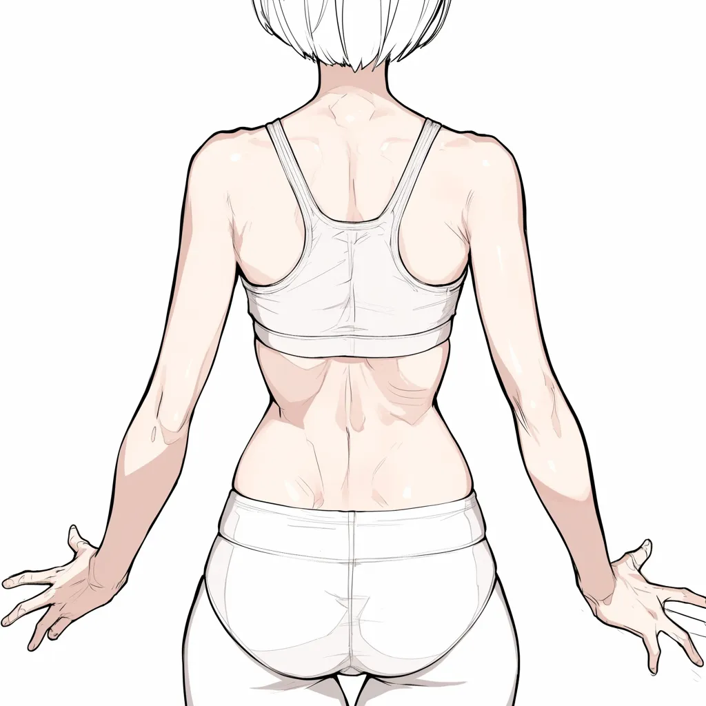 女の子の背中とスポーツブラ｜【基本構造】肩から腰にかけて筋肉の凹凸を描き方として明確に描写し、腕を外側に広げて緊張感のある背中を構成しています。背筋や肩甲骨の立体感が際立っています。<br>【演出の方向性】スポーツウェア特有の締め付け感とポーズの力強さが、健康的でアクティブな印象を与えています。動き出す直前のような雰囲気を漂わせます。<br>