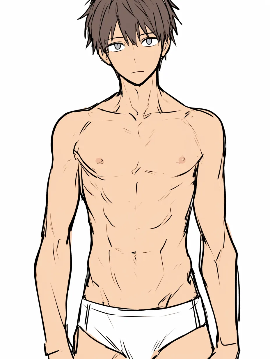 男の体の細身｜【基本構造】肩幅を抑え、胸板を薄めに描き方を整理し、全体に縦長でスリムなシルエットを作っています。腹筋も細いラインで表現されています。<br>【演出の方向性】華奢さと中性的な印象を演出し、繊細で落ち着いた雰囲気を漂わせています。<br>