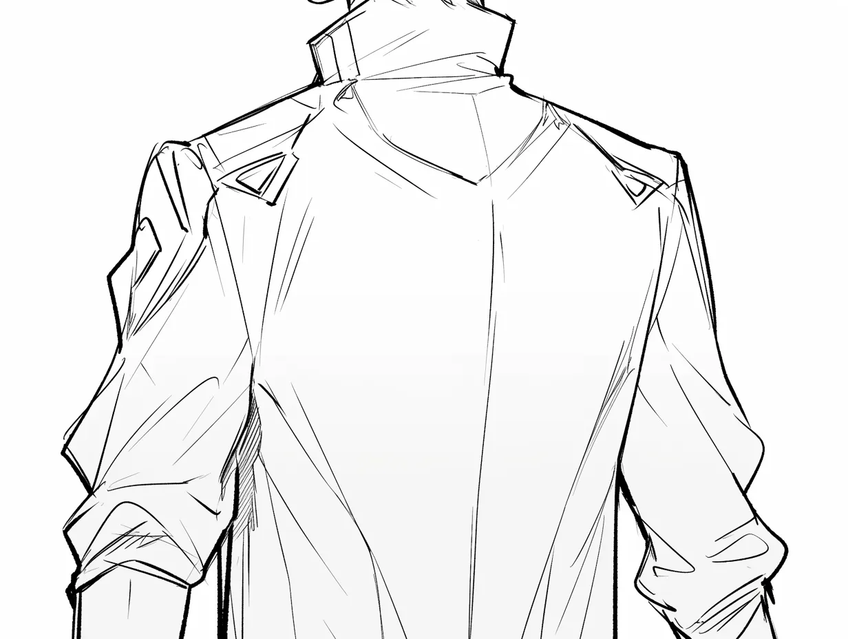 男の背中と制服風シャツ｜【基本構造】肩章や襟の構造を描き方として明示し、背中の幅と衣服の硬さを強調しています。腕を自然に下ろし、服のシワが動きを補っています。<br>【演出の方向性】制服的な装飾によって整然とした印象を与え、規律や役割を感じさせる表現になっています。<br>