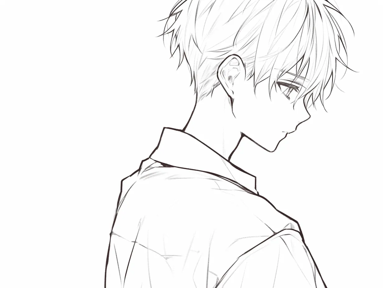 男の背中と横顔｜【基本構造】背面から斜めに振り向く構図で、首から肩のラインを描き方の軸にしつつ横顔を組み合わせています。髪型と視線の方向が動きを演出します。<br>【演出の方向性】横顔が加わることで内面的な感情や思索を表す雰囲気が増し、単なる背中姿以上にドラマ性が高まります。<br>