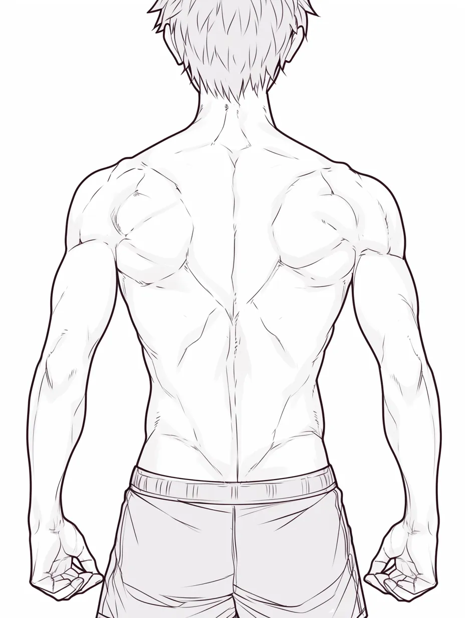 男の背中と筋肉強調｜【基本構造】広背筋や肩の筋肉を細かく描き方に組み込み、腕を強く下ろす姿勢で身体の厚みを際立たせています。背骨の縦ラインも中心に据えられています。<br>【演出の方向性】スポーツ的な迫力や強靭さを表現し、健康的かつ力強い印象を強調しています。<br>