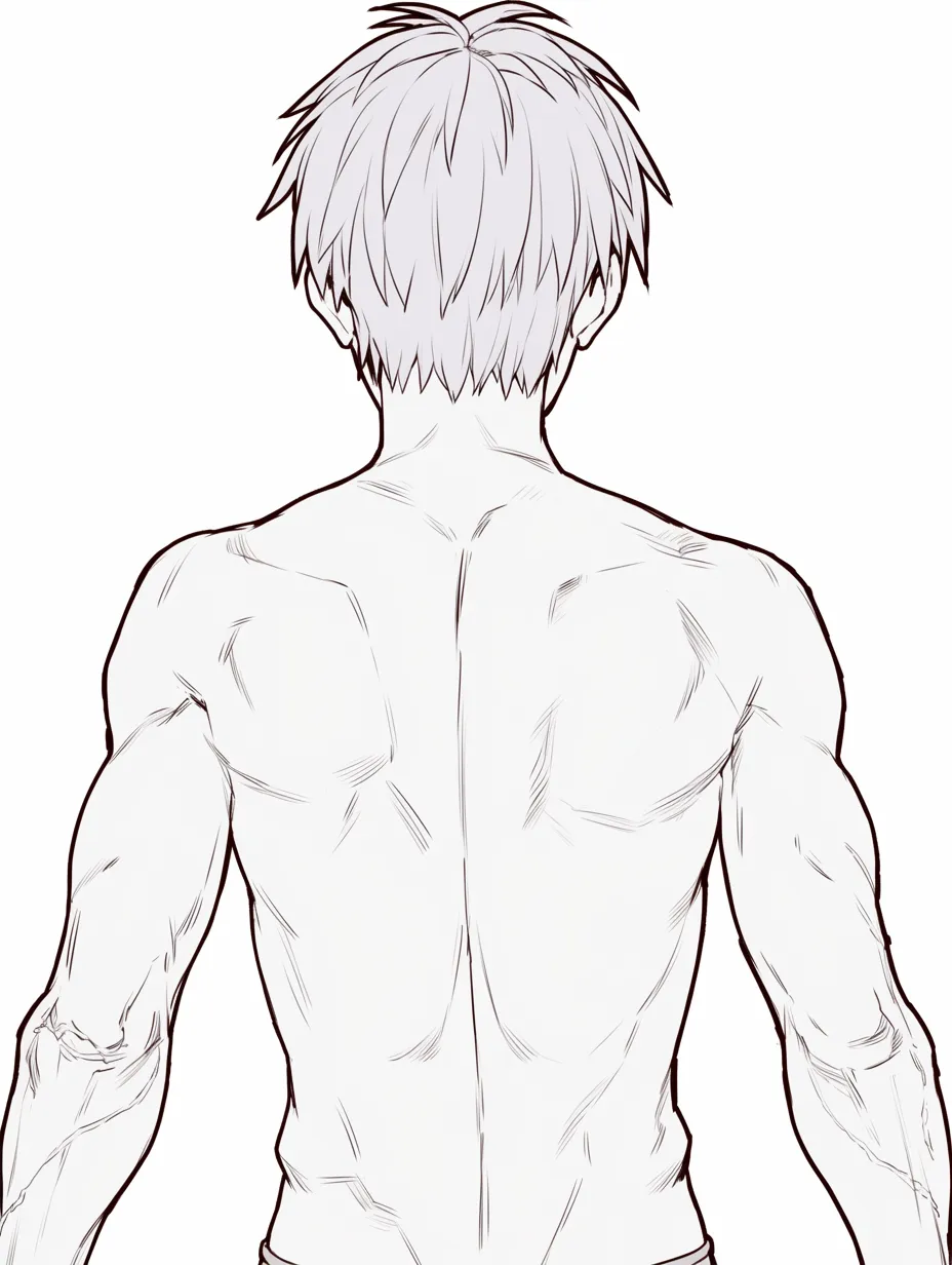 男の背中と素肌｜【基本構造】肩から腰までの筋肉の凹凸をシンプルな線で描き方に反映し、衣服を排除して人体そのものの造形を明示しています。<br>【演出の方向性】装飾のない素肌が持つ直接性により、自然体で純粋な身体表現となり、シンプルながら生命力を伝えています。<br>