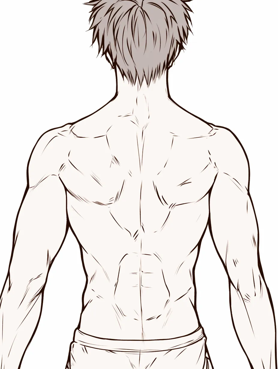 男の背中と均整の取れた体｜【基本構造】背骨を中心に左右対称の描き方で、均一な筋肉の分布を整理して描写しています。腕の長さや肩幅もバランスよく整えられています。<br>【演出の方向性】全体の比率の良さが安心感や調和を与え、鍛えられた美しい身体表現として完成度を感じさせます。<br>