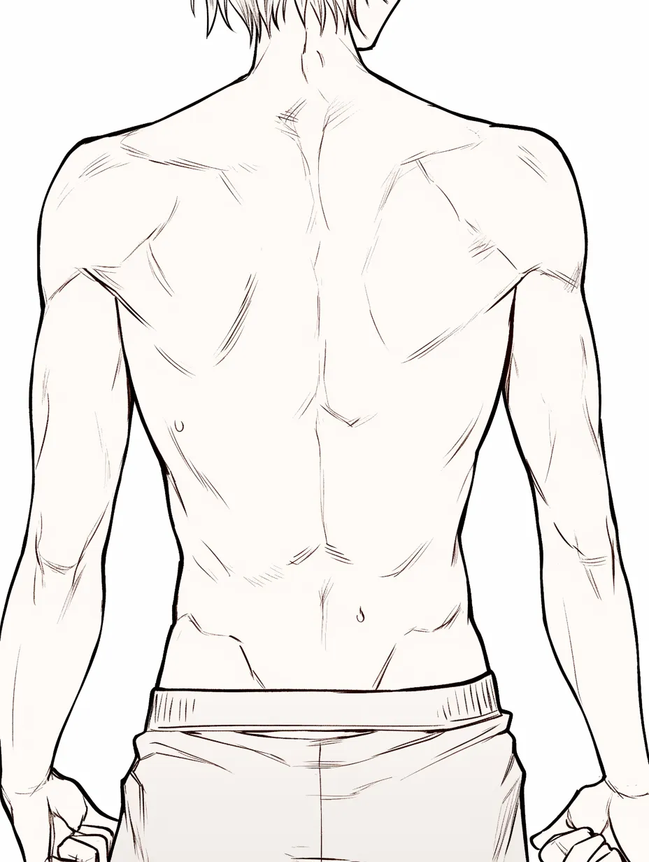 男の背中と痩せ型｜【基本構造】肩から腰にかけての細身のラインを描き方として整理し、背筋や肩甲骨を強調する構図です。余白の多い体つきが特徴です。<br>【演出の方向性】細身で繊細な体型が、儚さや柔らかさを引き立てています。力強さよりも感受性を表す背中の印象になっています。<br>