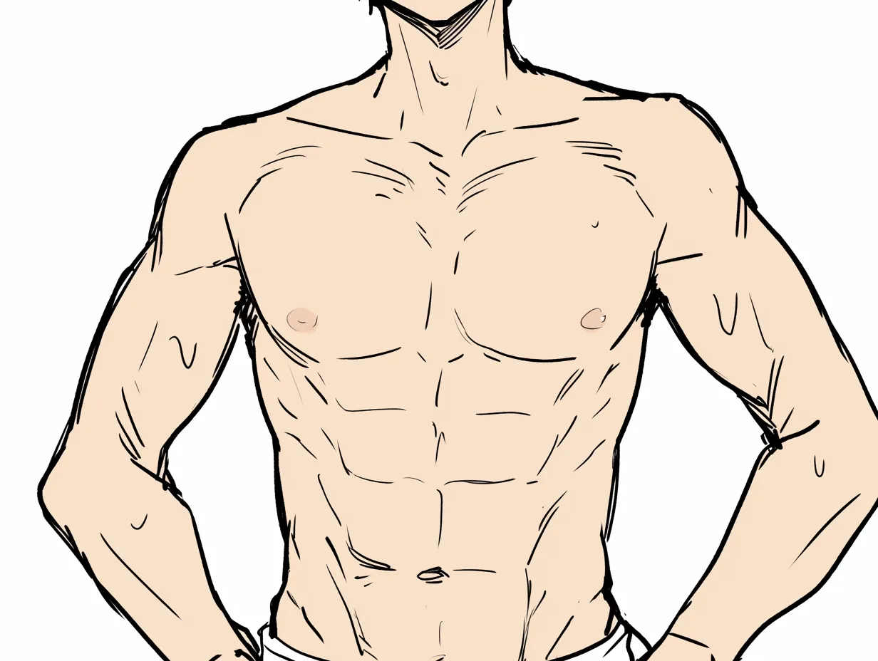 胸筋と腕の構え｜【基本構造】上半身をやや前傾で描き方を整理し、胸筋から腹筋にかけての立体を強調しています。両腕を腰に添えることで、肩幅と胸板の厚みが引き立ちます。<br>【演出の方向性】力強い姿勢が自信や堂々とした印象を与え、男性的な迫力を前面に押し出しています。<br>