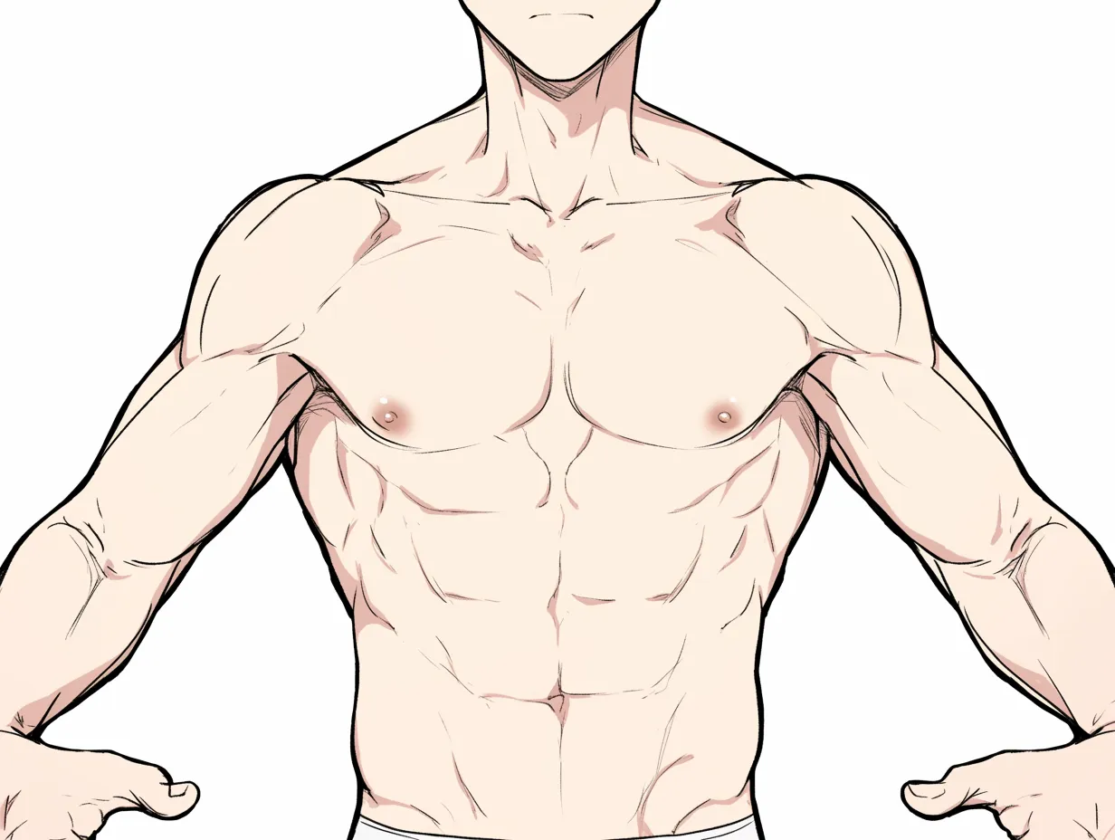 胸筋と広がる肩｜【基本構造】胸筋を大きく張り出す描き方で、腕を外側に広げて胸郭の広がりを強調しています。大胸筋の形を明快に区切り、体格の存在感を出しています。<br>【演出の方向性】開かれた腕と張り出した胸板が威圧感を伴い、支配的で力に満ちた印象を与えています。<br>