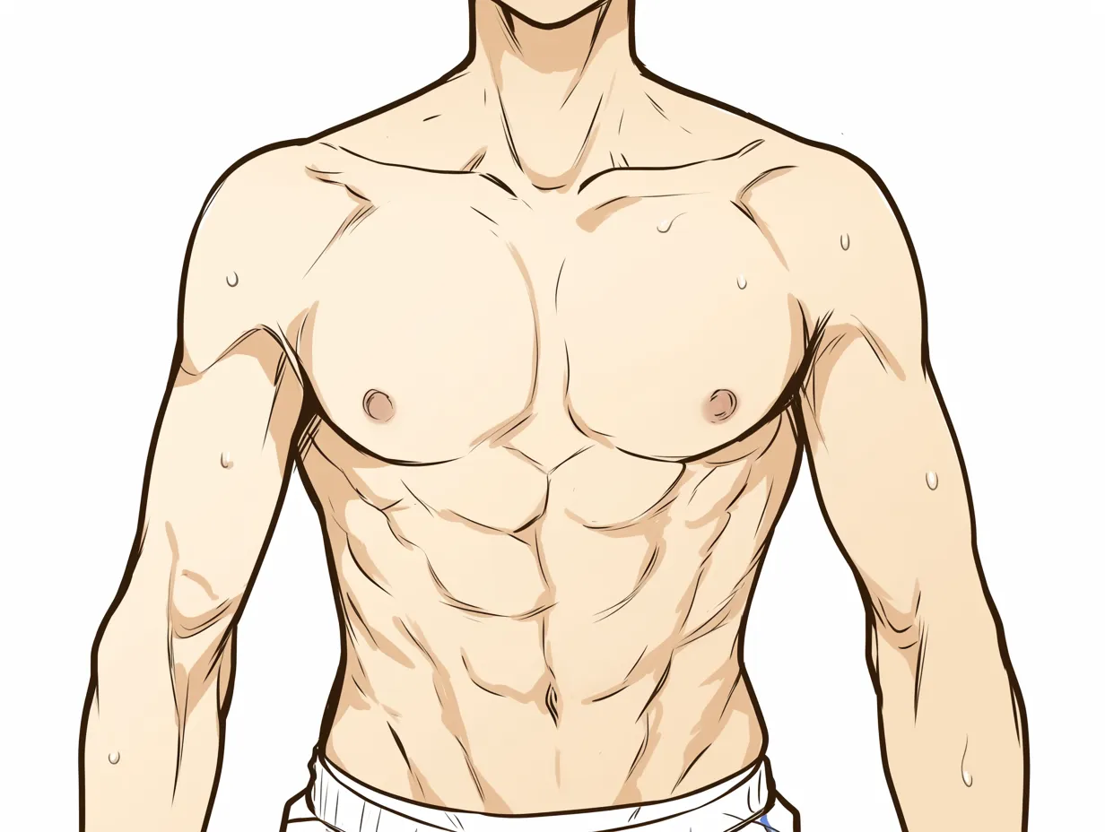 胸筋の盛り上がり｜【基本構造】厚みのある胸筋を左右対称に描き方で整理し、腹筋と腕の筋肉につなげています。汗の表現が筋肉の立体感をさらに際立たせています。<br>【演出の方向性】光沢や滴る汗によって動きのある印象を生み、力強さと生々しい存在感を同時に強調しています。<br>
