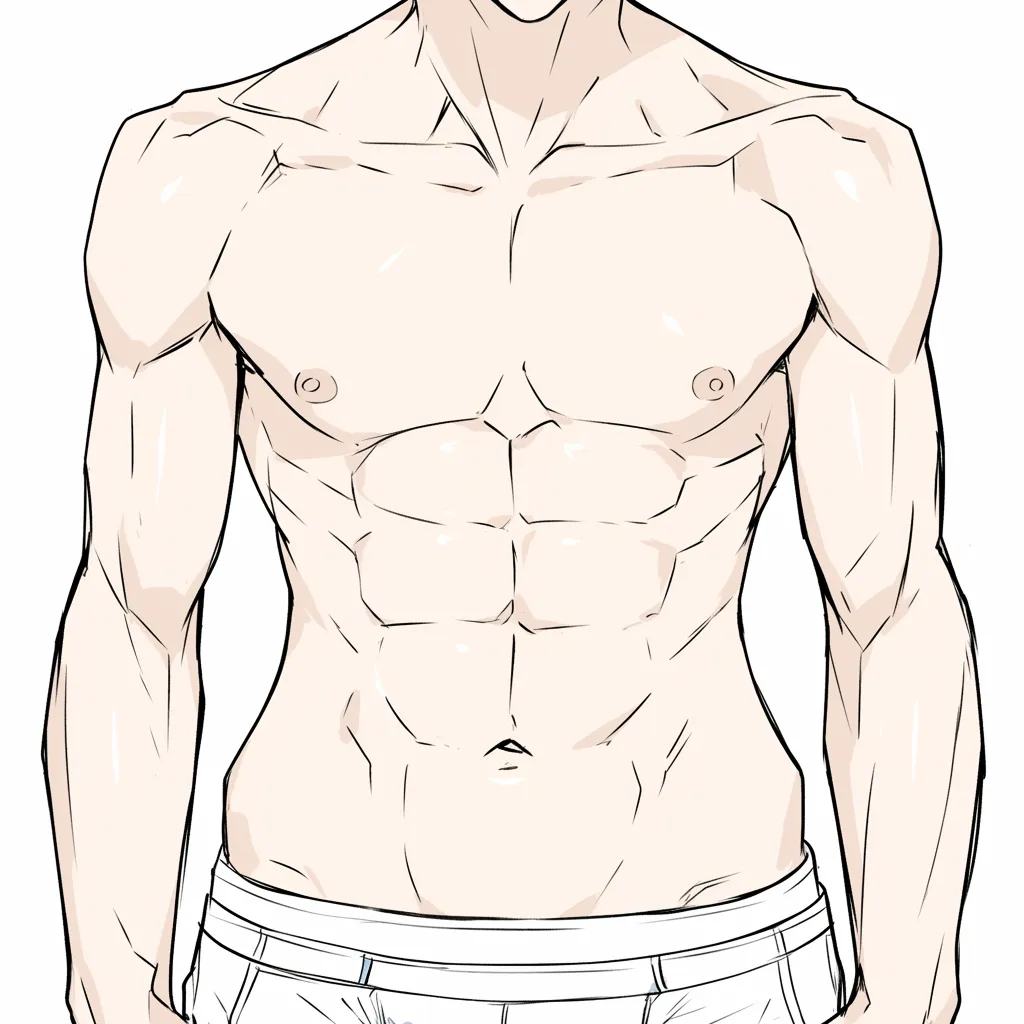 胸筋のシンプルな描写｜【基本構造】胸筋を大きめに区切り、くっきりとした腹筋と合わせて描き方を整理しています。直線的な骨格を意識した正面構図です。<br>【演出の方向性】情報量を抑えた線で描かれているため、清潔感と強さが同居する表現になっています。<br>