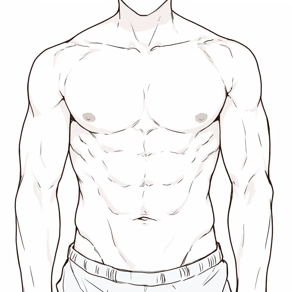 胸筋の陰影強調｜【基本構造】胸筋と腹筋を濃淡の影で際立たせ、盛り上がりを明確に描き方で整理しています。肩幅も広くとられ、均整の取れたバランスです。<br>【演出の方向性】陰影の強調がリアルな印象を加え、冷静で大人びた雰囲気を与えています。<br>