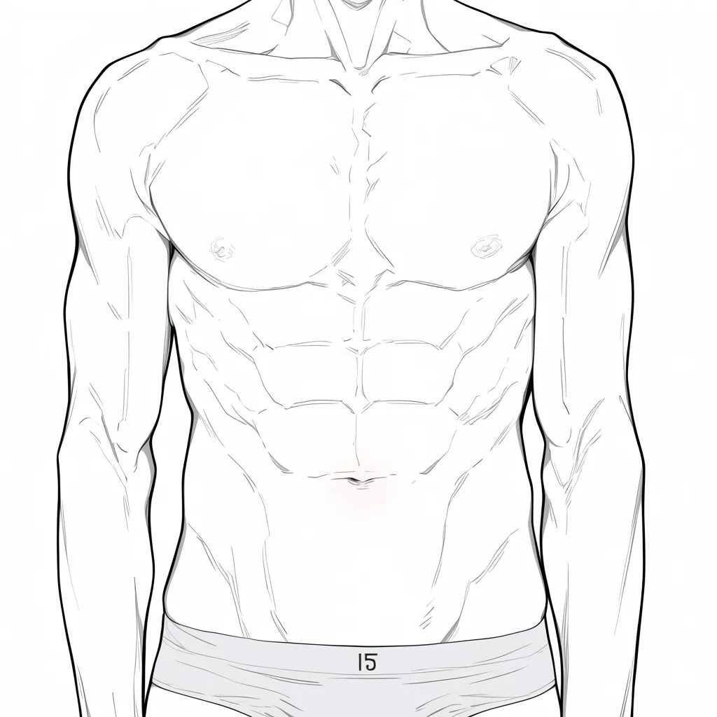 胸筋の細分化｜【基本構造】胸筋と腹筋を細かく区切る描き方で、解剖学的に筋肉の分割が意識されています。直線的で硬質なシルエットです。<br>【演出の方向性】緻密な描写が肉体美を誇張し、ストイックで硬派な印象を強調しています。<br>