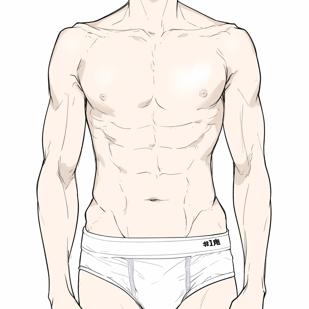 胸筋の細身タイプ｜【基本構造】胸筋の厚みを抑えめにし、腹筋をシャープに描き方で整理しています。肩幅も細めで全体的にスリムな構造です。<br>【演出の方向性】鍛えられつつも華奢な雰囲気を残しており、繊細さや儚げな印象を胸筋が補っています。<br>