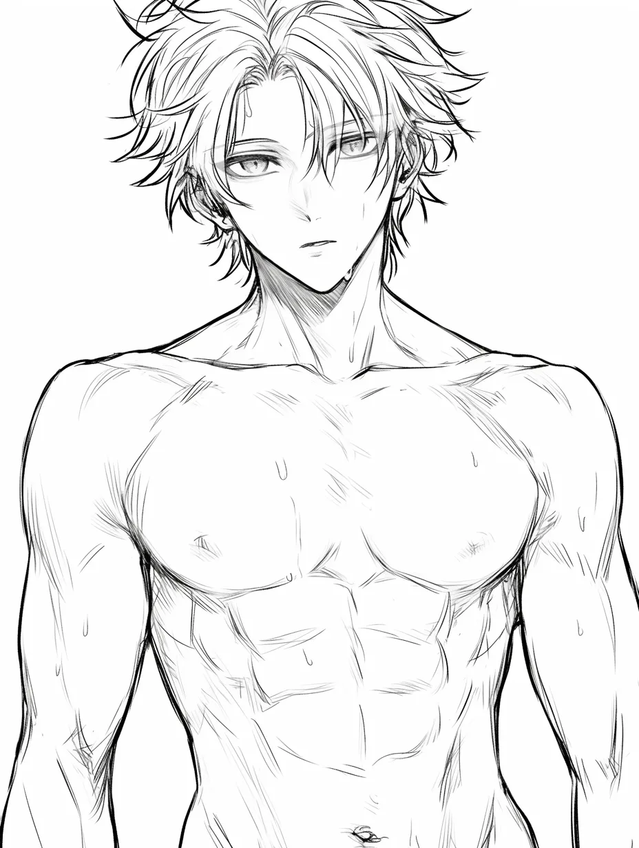 腹筋と濡れた髪｜【基本構造】上半身を真正面から描き方に組み込み、胸筋から腹筋までの区切りを丁寧に整理しています。髪や顔の表情を合わせて全身のバランスを統一しています。<br>【演出の方向性】髪の濡れ感や汗が全体に緊張感を与え、静かな色気とストイックさを表現しています。<br>
