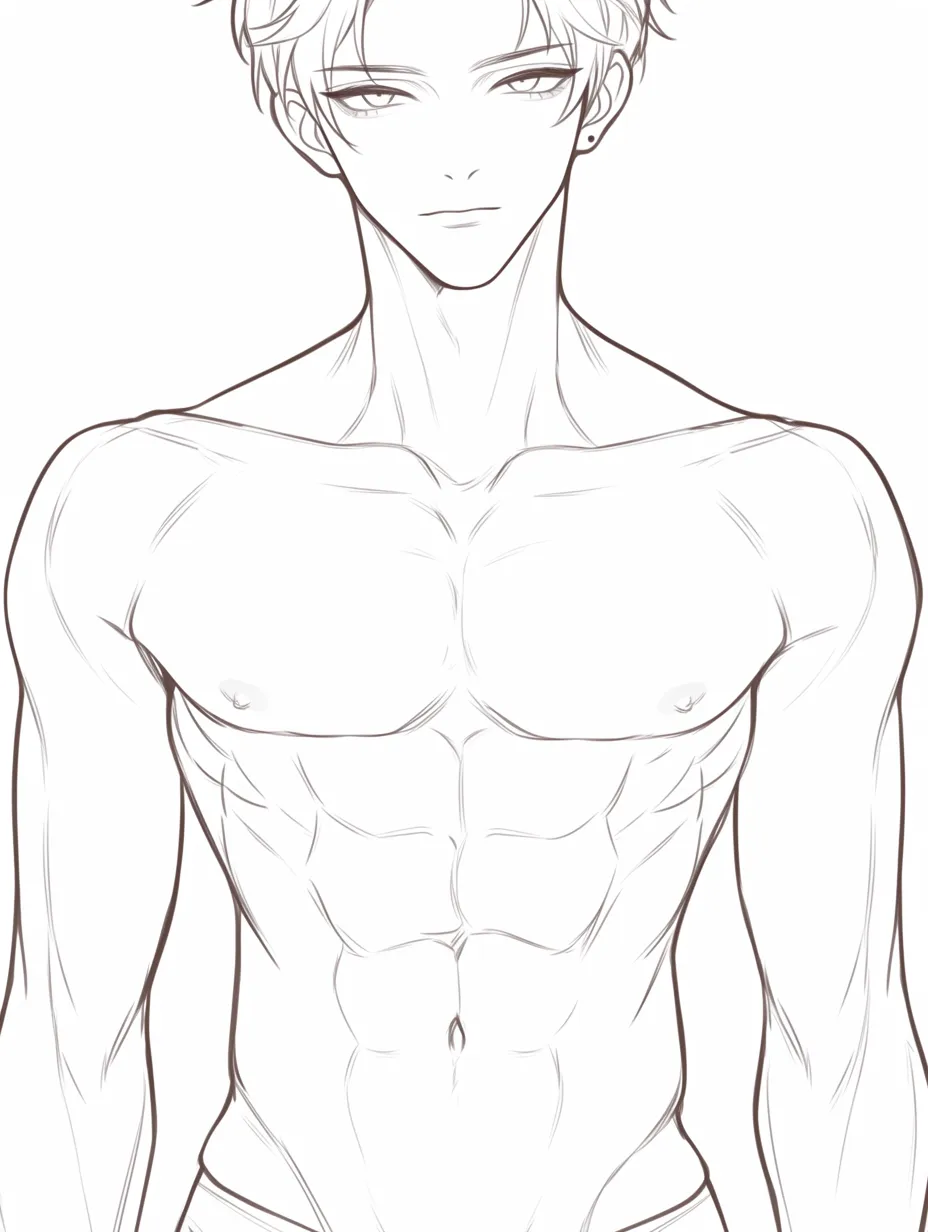 腹筋とシャープなライン｜【基本構造】シンプルな線画で胸筋と腹筋を整然と描き方として強調し、腰まで流れる縦ラインをきれいに配置しています。<br>【演出の方向性】余計な陰影を抑えたクリアな線が、洗練された均整美を際立たせ、冷静でクールな印象を与えます。<br>