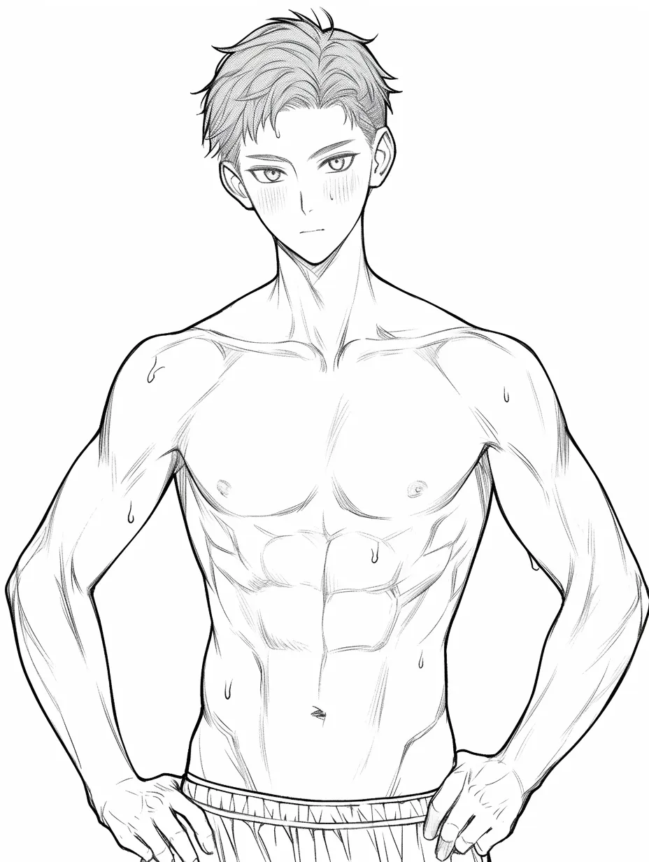 腹筋と正面視線｜【基本構造】両手を腰に添える構図を描き方に取り入れ、胸から腹筋にかけての均整を正面から描いています。顔の向きと体の対称性を整えています。<br>【演出の方向性】真正面の視線と汗の演出が、自信や挑戦的な雰囲気を生み、スポーツ的でエネルギッシュな印象を与えています。<br>