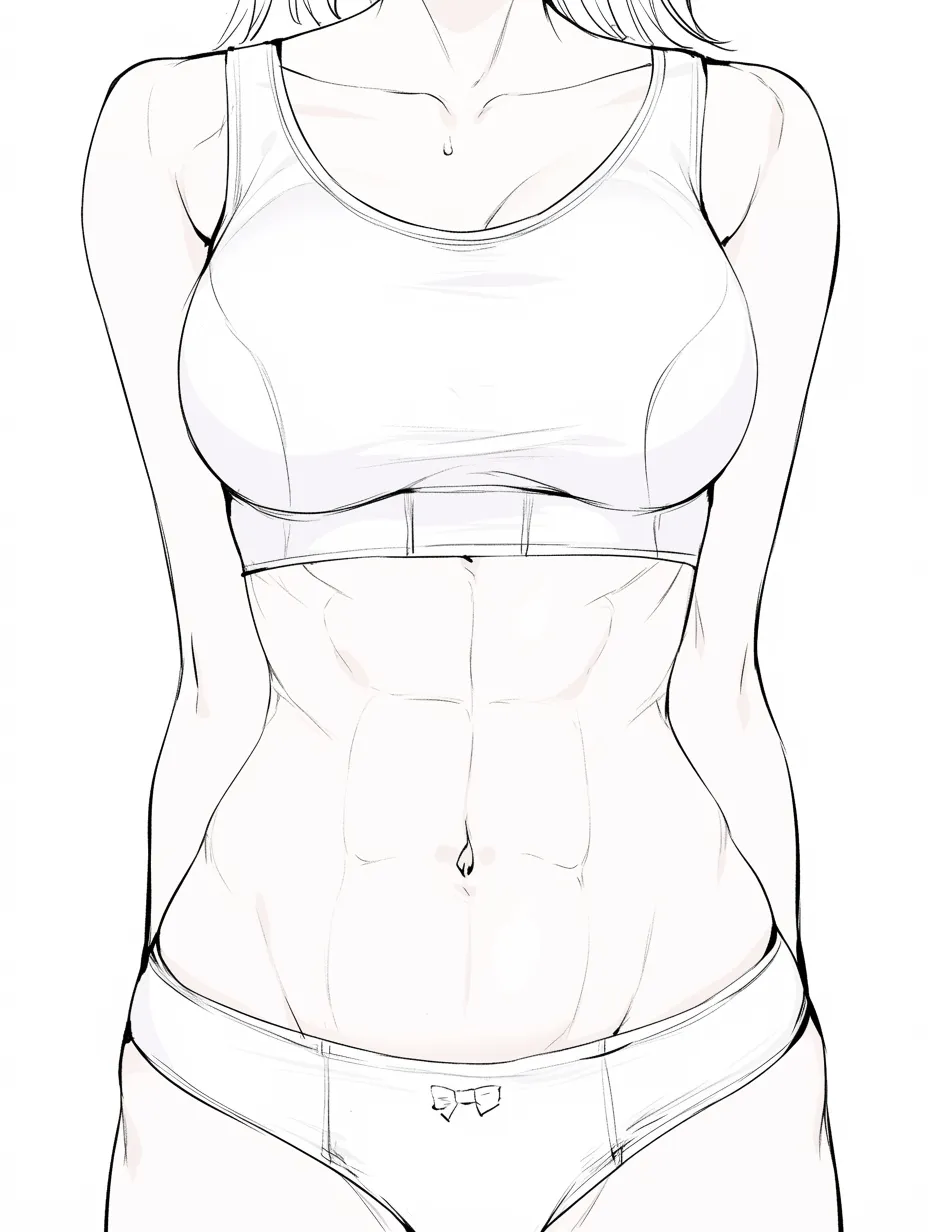 腹筋と女性の体型｜【基本構造】胸部を覆うスポーツブラとウエストの細さを描き方に取り込み、女性的なラインと鍛えられた腹筋を両立させています。<br>【演出の方向性】腹筋の硬さと女性的な曲線が同居し、健康美やアクティブな魅力を演出しています。<br>
