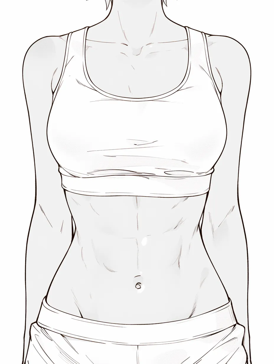 腹筋と女性の引き締まり｜【基本構造】胸から腰にかけて縦に絞られた腹部を描き方で整理し、腹筋の溝を自然に強調しています。<br>【演出の方向性】女性的な柔らかさを保ちながらも、スポーツ的な引き締まりが活力を印象付けています。<br>