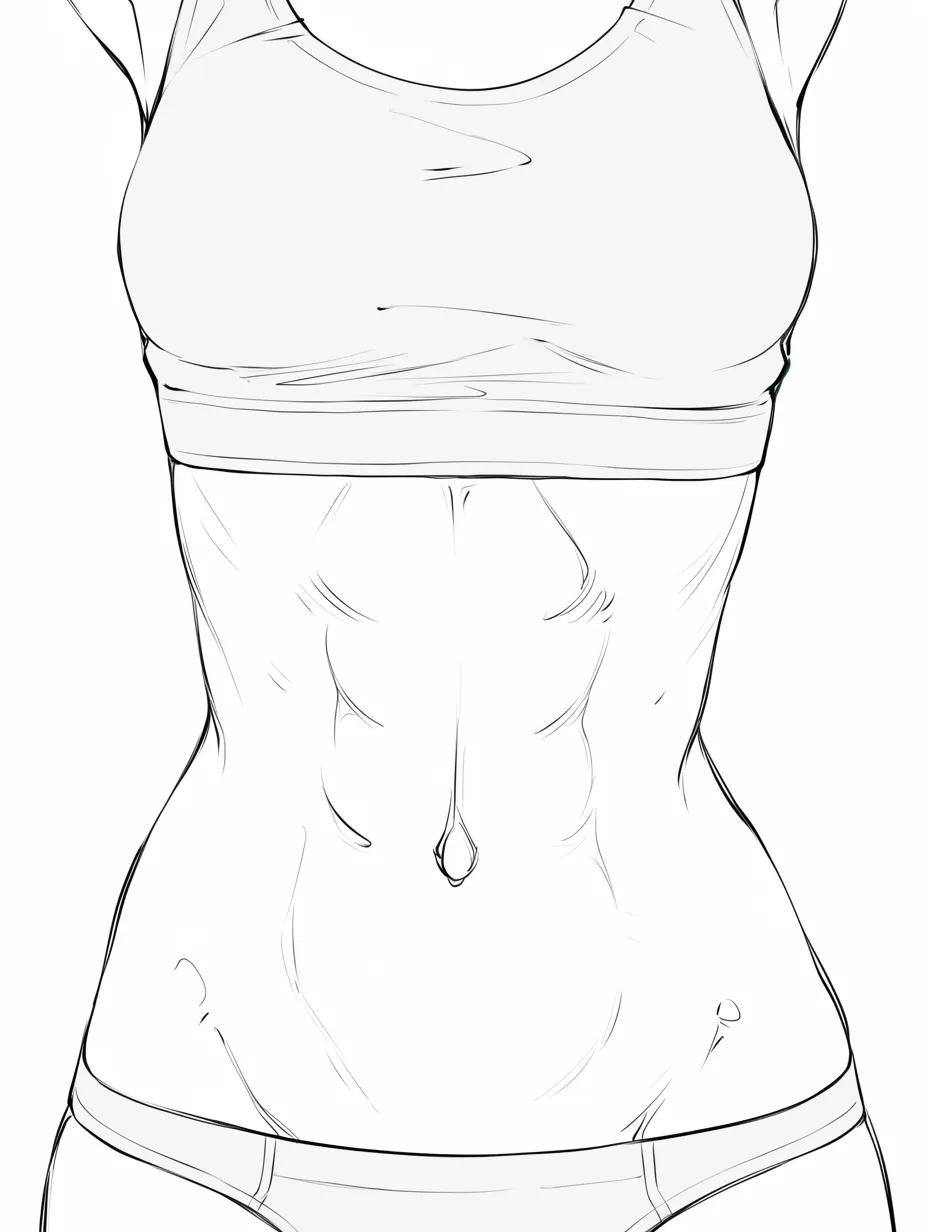 腹筋とくびれ強調｜【基本構造】両腕を上げて胸郭を広げ、腹筋とくびれを最大限に見せる描き方になっています。腹部の溝を深く描いて縦のラインを強調しています。<br>【演出の方向性】ポーズの大胆さと筋肉の鮮明さが、力強い印象と動的な迫力を与えています。<br>