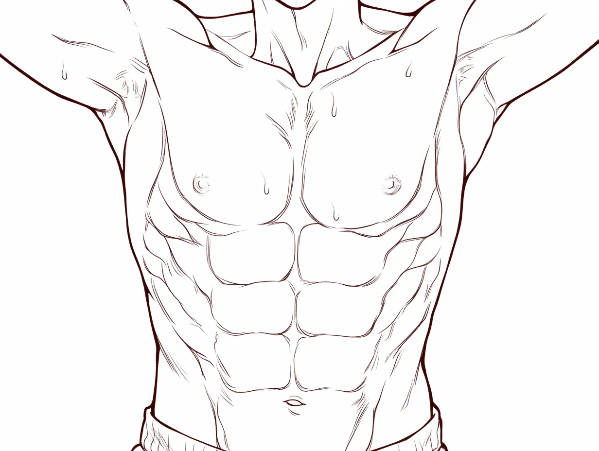 腹筋と強調された分割｜【基本構造】胸筋と腹筋の境界を濃い線で強調し、両腕を上げて筋肉が伸展した状態を描き方に取り入れています。<br>【演出の方向性】腹筋の割れを誇張することで、力強さと迫力を最大限に演出しています。観る側にインパクトを与える描写です。<br>