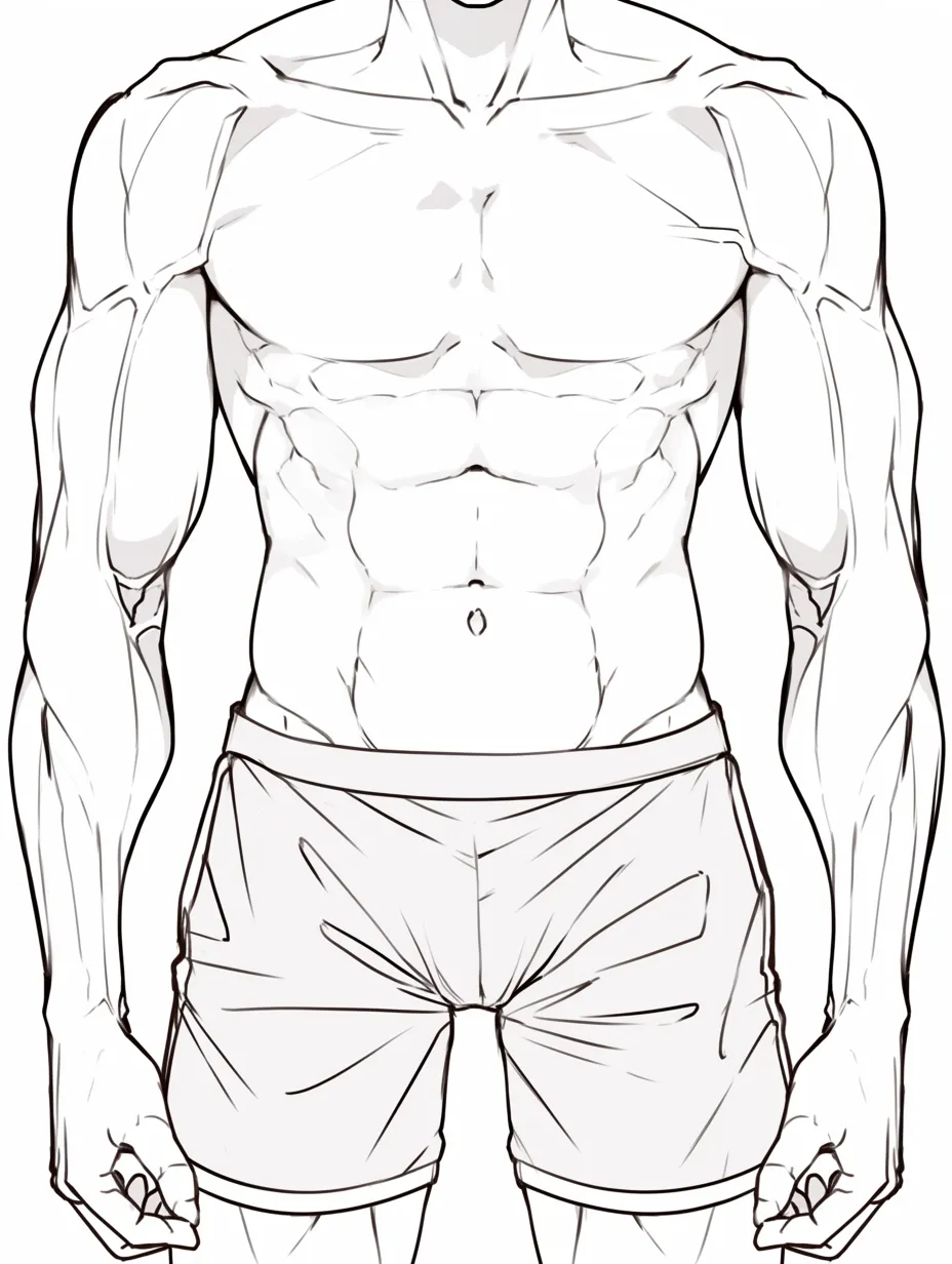 腕と筋肉の均整｜【基本構造】腕と胸部を左右対称に描き方で整理し、肩の広がりから上腕二頭筋の流れを自然につなげています。指先の向きも安定感を出しています。<br>【演出の方向性】シンプルで整った体格が落ち着きと調和を与え、鍛錬された肉体美を淡々と見せる印象を与えます。<br>