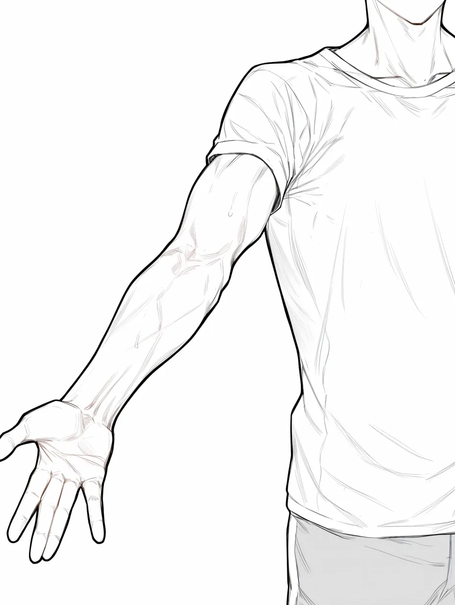 腕と前腕の強調｜【基本構造】Tシャツから伸びる腕を描き方で強調し、前腕の筋肉や血管を細かく描写しています。掌を開いたポーズでラインをさらに際立たせています。<br>【演出の方向性】衣服と露出部分の対比によって力感が集中し、実用的かつ自然な逞しさを表現しています。<br>