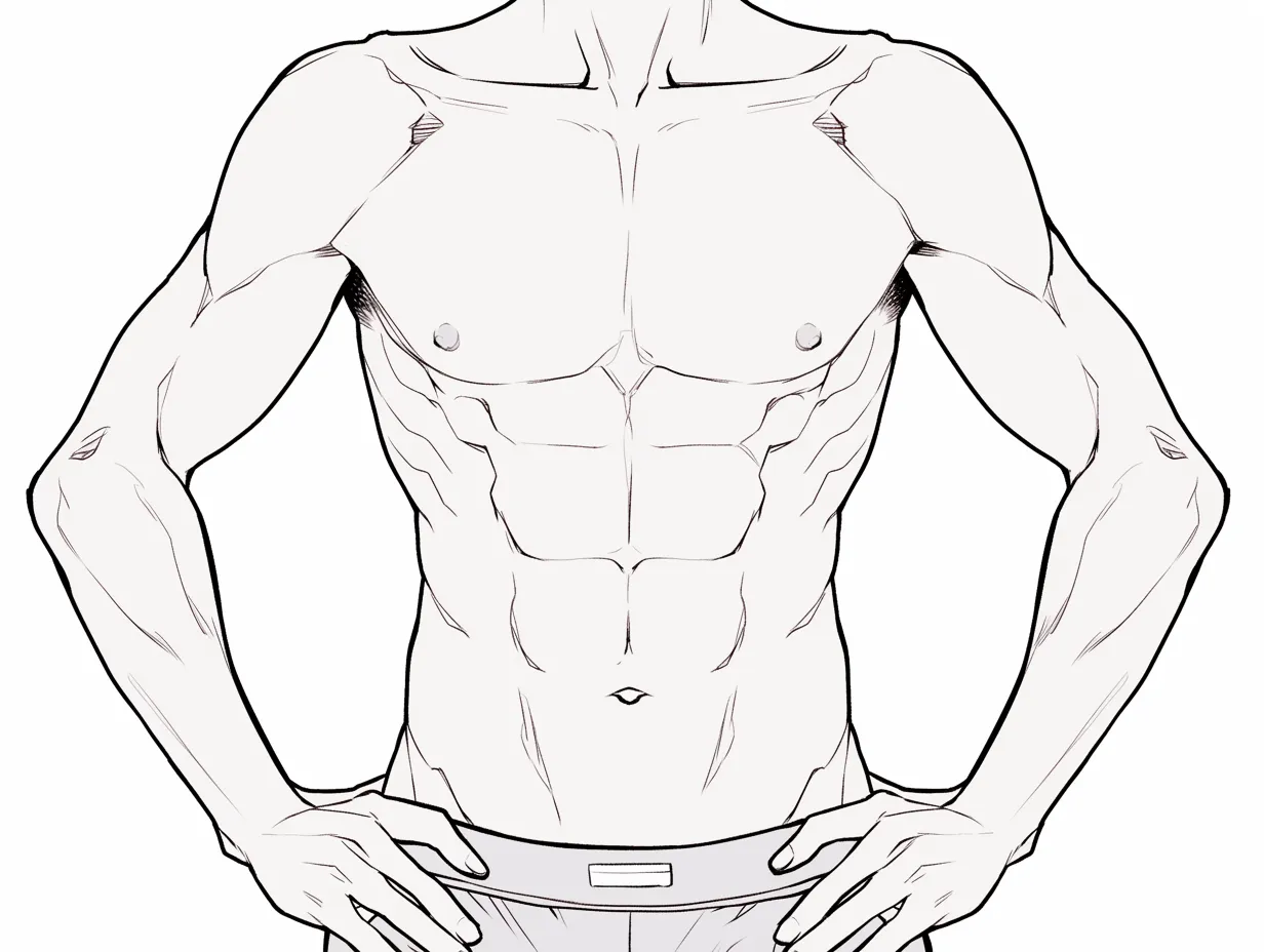 腕と腹筋の連動｜【基本構造】両手を腰に当てる姿勢で、胸筋から腹筋、そして腕へとラインをつなげる描き方をしています。肘の位置で全体の重心が安定します。<br>【演出の方向性】腕と体幹が一体化することで全身の力強さを演出し、堂々とした存在感を表現しています。<br>