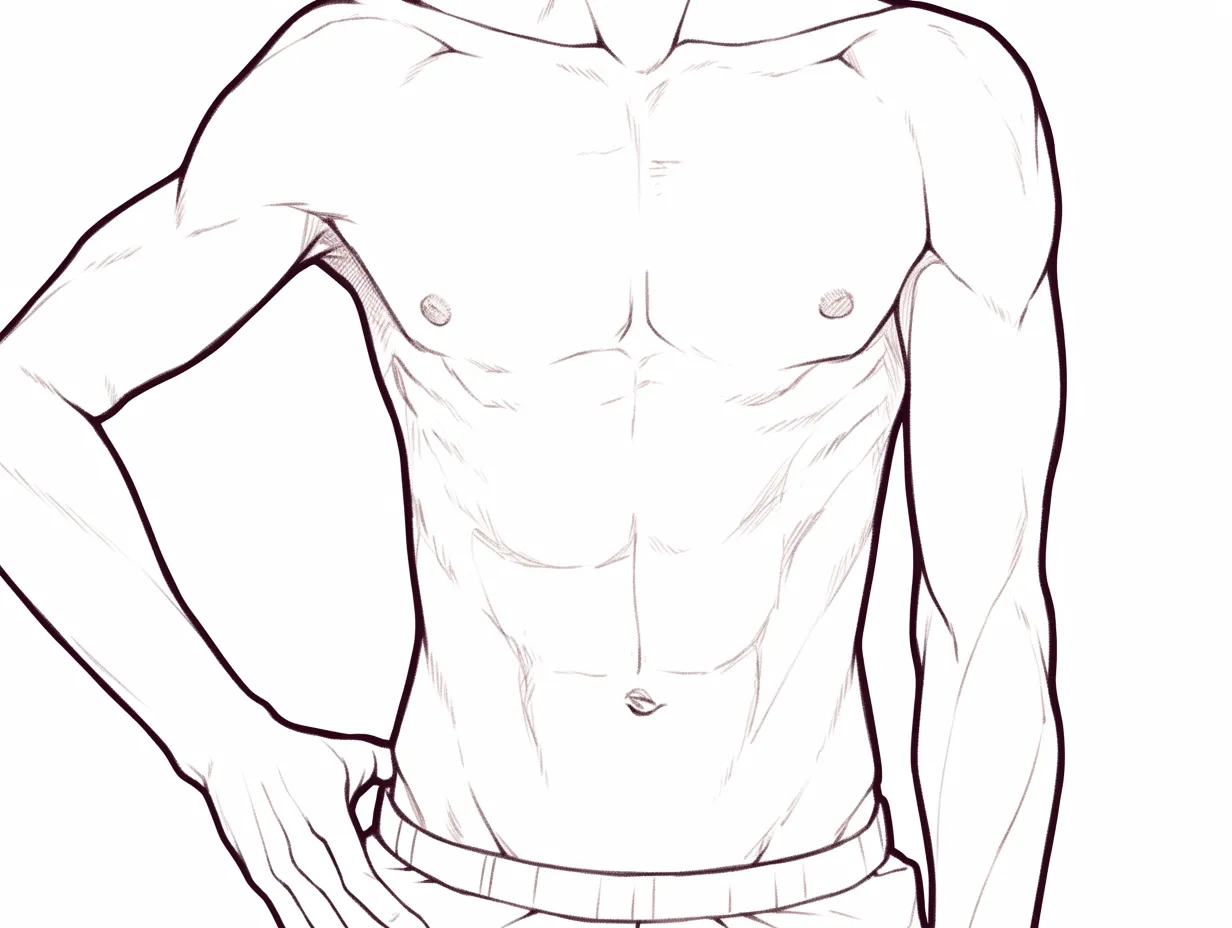 腕と自然な収まり｜【基本構造】片手を腰に添え、反対の腕を垂らす描き方で肩から腕の流れを緩やかに描いています。筋肉は細かく線で分けすぎず自然に収めています。<br>【演出の方向性】リラックスした腕の配置が親しみやすさを与え、強さよりも自然体の魅力を引き立てています。<br>