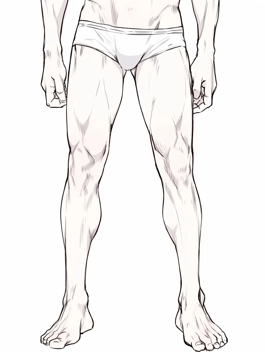 足の筋肉と立ち姿｜【基本構造】正面から下半身を描き方で整理し、大腿四頭筋やふくらはぎを線で分割して力強さを示しています。足先を自然に開き安定感を出しています。<br>【演出の方向性】立ち姿全体に均整の取れた印象を与え、堂々とした存在感を表現しています。<br>