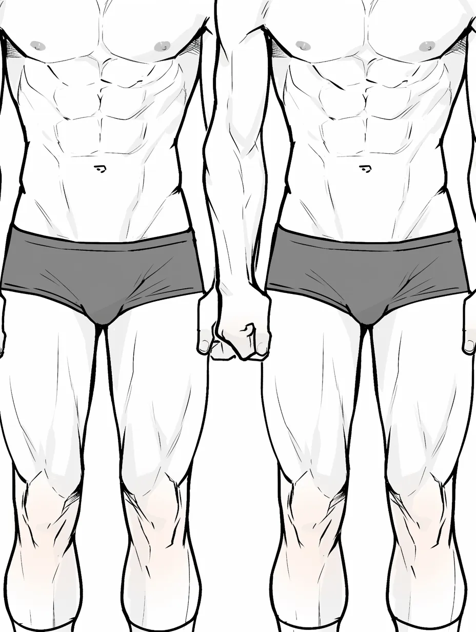 足の筋肉と比較｜【基本構造】同じ体格を並列で描き方にし、微妙なラインの違いを観察できるよう整理しています。均整を保ちながら腿の太さを対比させています。<br>【演出の方向性】比較を通じて鍛え方や表現差が強調され、観察的・教材的な印象が強くなっています。<br>
