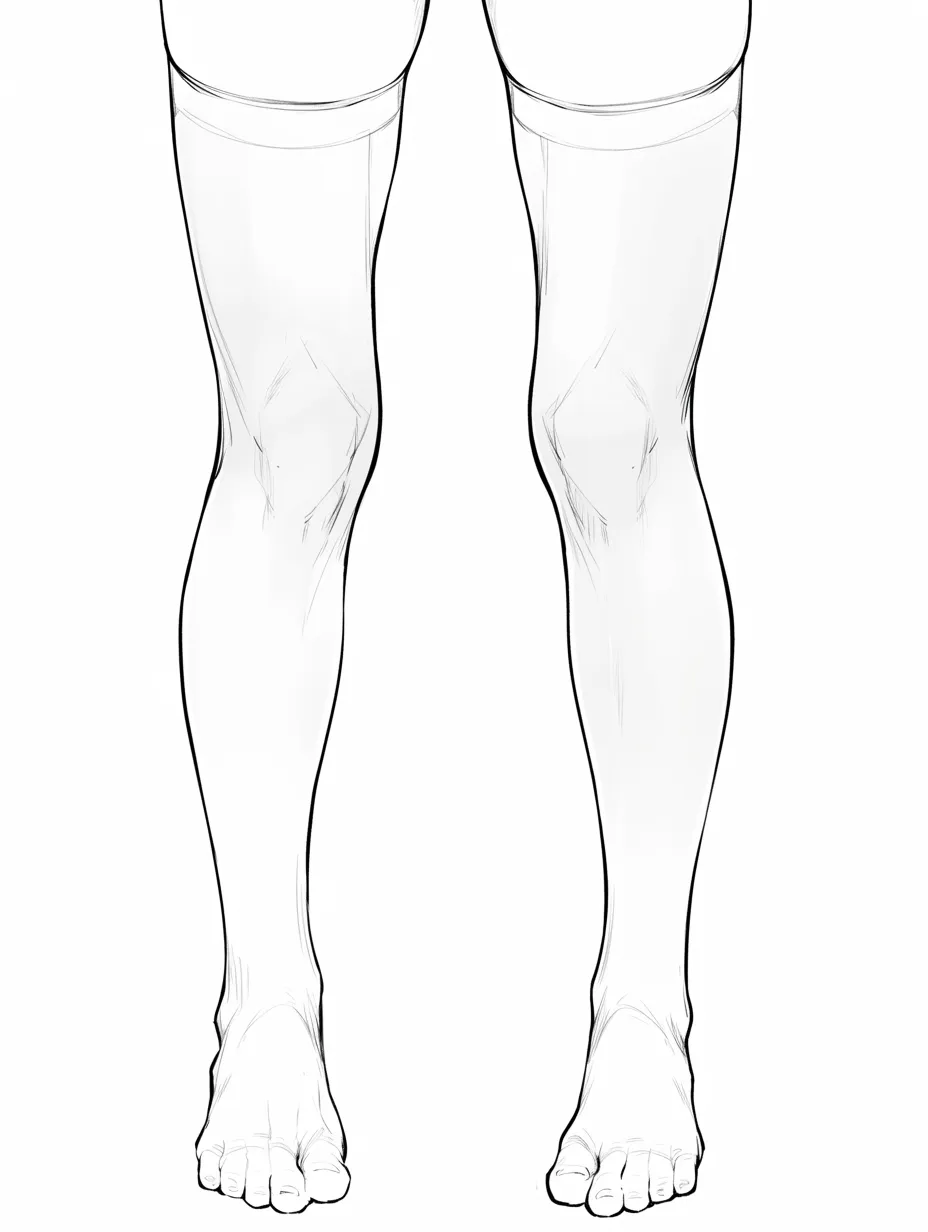 足の筋肉とスリム体型｜【基本構造】細身の脚を描き方として整理し、膝から下をスッと流すラインで描写しています。筋肉の強調は控えめにしています。<br>【演出の方向性】スリムで繊細な印象が強まり、しなやかさや柔軟性を表現しています。<br>