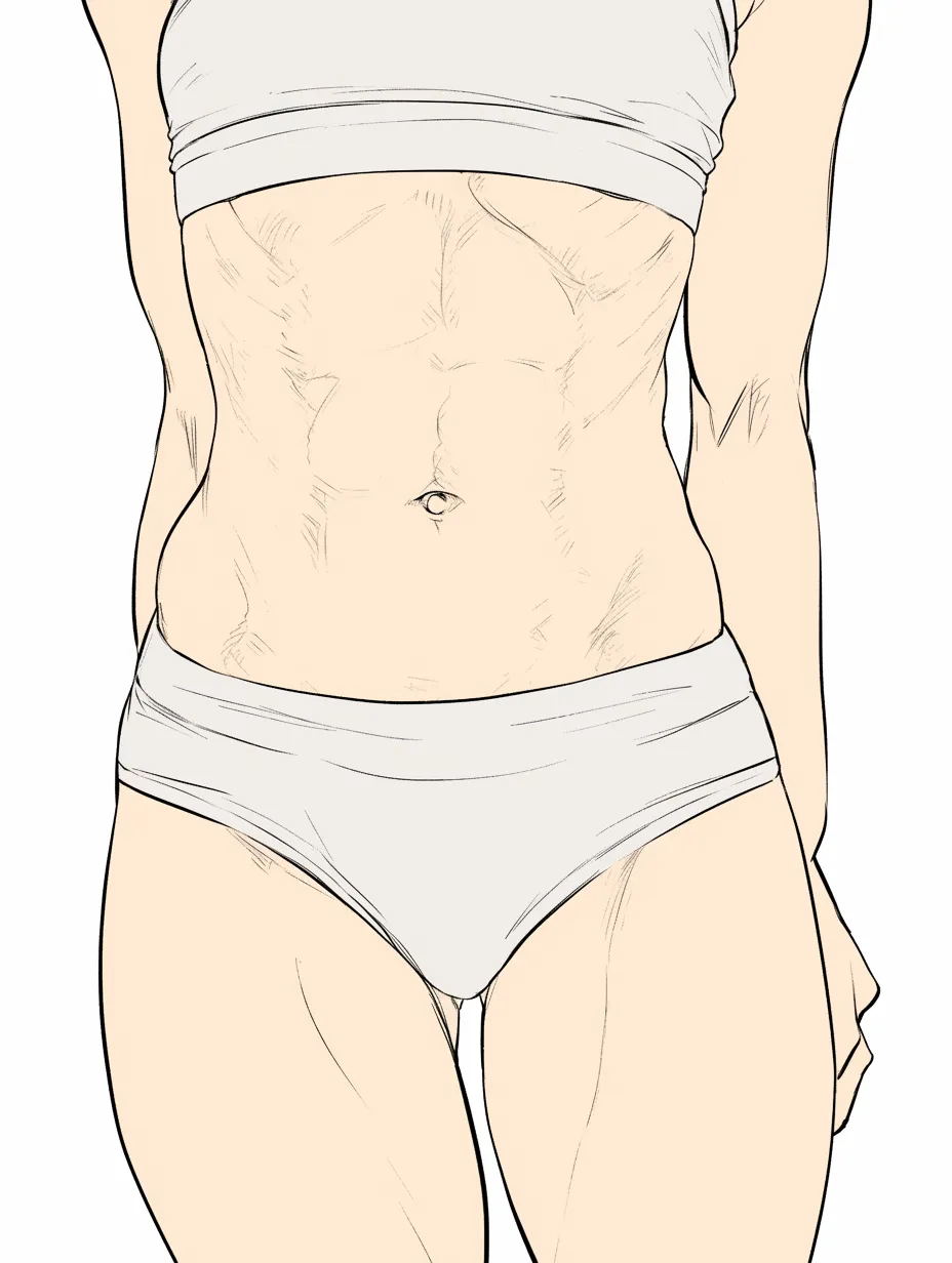 足の筋肉と女性体型｜【基本構造】腰から太腿への曲線を描き方に取り入れ、女性的なラインを保ちつつ腹筋と繋がるバランスを描いています。<br>【演出の方向性】女性らしい曲線と筋肉の引き締まりが共存し、健康的かつ魅力的な雰囲気を与えています。<br>