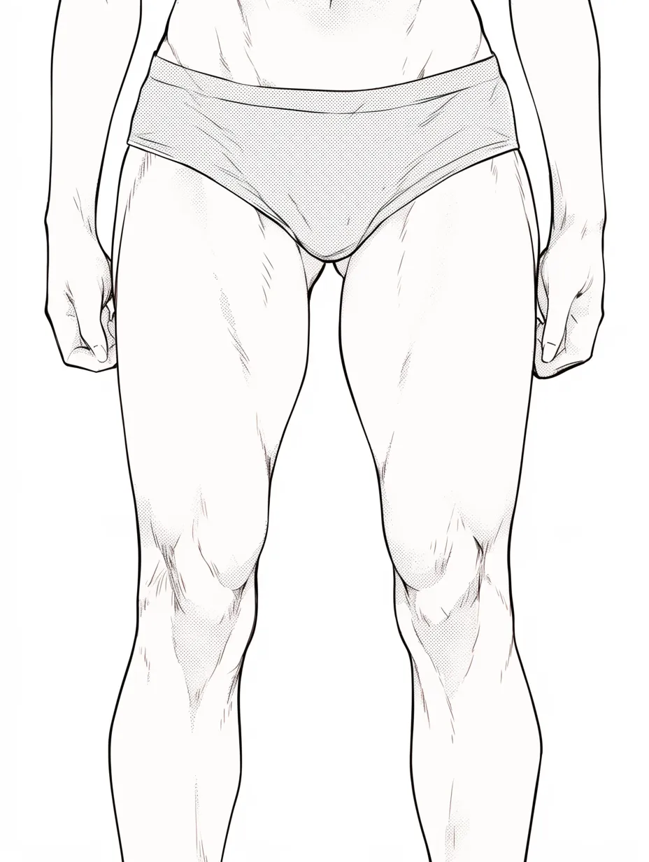 足の筋肉と陰影｜【基本構造】腿の盛り上がりやふくらはぎを陰影の描き方で補強し、立体的に強調しています。膝の丸みを明確に整理しています。<br>【演出の方向性】陰影が緊張感を与え、迫力あるリアルな肉体美を演出しています。<br>