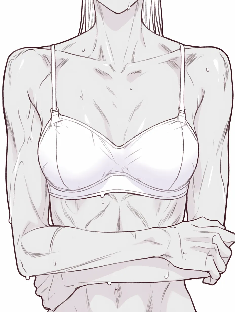 腕と筋肉の緊張感｜【基本構造】女性の上半身を描き方に組み込み、腕を交差させることで肩から上腕の筋肉が強調されています。鎖骨や胸のラインと一体化しています。<br>【演出の方向性】汗の表現と交差した腕がストイックさを際立たせ、鍛え抜かれた印象を与えています。<br>