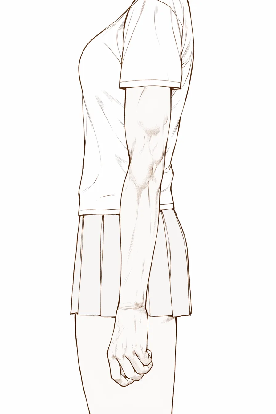 腕と横姿の力感｜【基本構造】横向きの立ち姿を描き方で整理し、Tシャツ越しに腕の筋肉を浮かび上がらせています。握り拳が力の流れを強調しています。<br>【演出の方向性】服のシルエットと筋肉の張りが対比となり、抑えきれない緊張感を演出しています。<br>