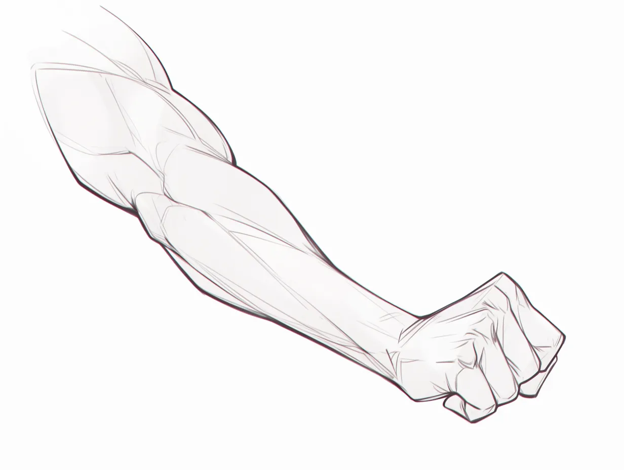 腕と握り拳の強調｜【基本構造】前腕をクローズアップし、筋繊維の流れを描き方で細かく整理しています。拳の形が全体の重心を支えています。<br>【演出の方向性】単純な構図ながら筋肉の存在感が際立ち、瞬発的な力や闘志を感じさせる表現です。<br>