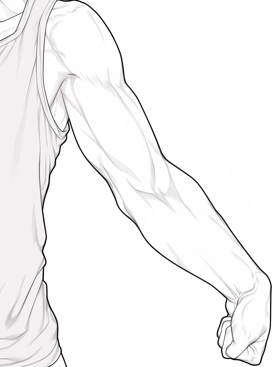 腕とタンクトップ姿｜【基本構造】袖なしの衣服で腕を露出させ、肩から肘までのラインを描き方に盛り込んでいます。腕を前に伸ばした姿勢で力の方向性を示しています。<br>【演出の方向性】動作を伴う構図が生き生きとした印象を与え、アクティブで活力ある雰囲気を強調しています。<br>