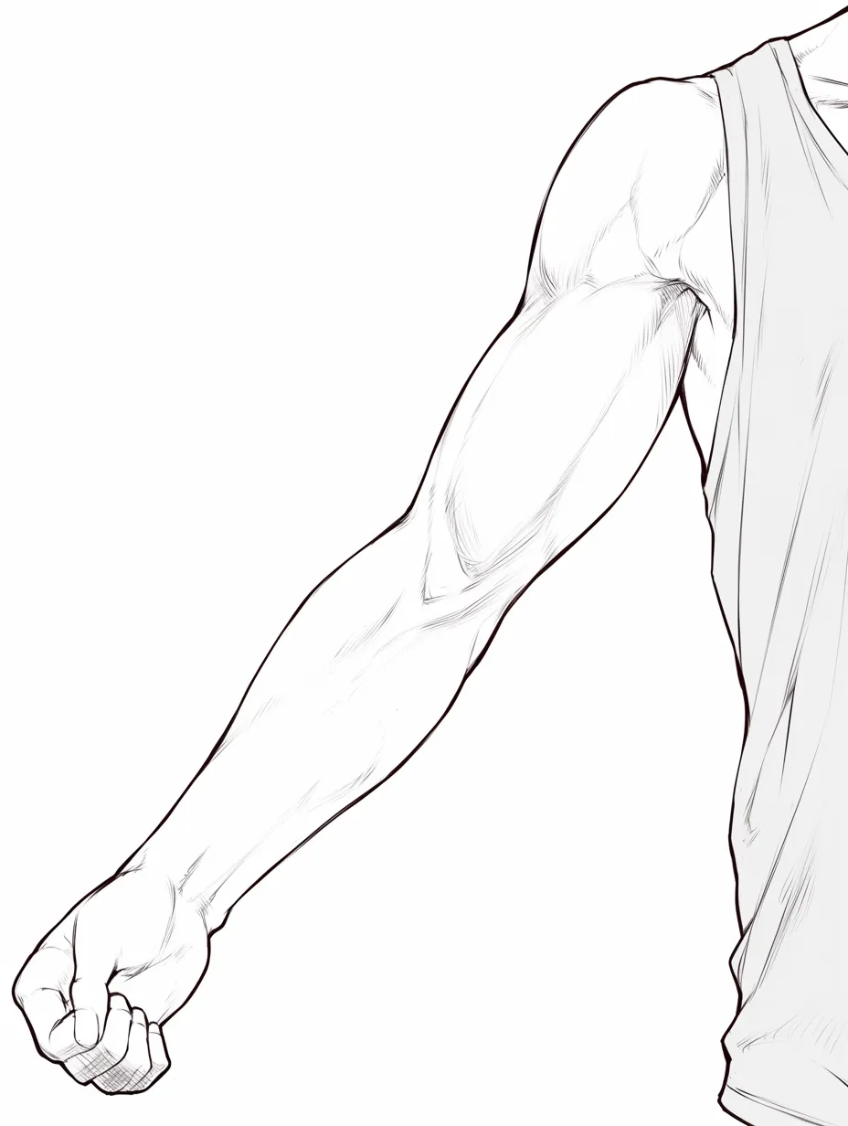 腕としなやかなライン｜【基本構造】片腕を横へ流す描き方で、上腕から前腕の繋がりをシンプルに描いています。筋肉は誇張せず滑らかに整理しています。<br>【演出の方向性】しなやかなラインが柔軟性を表現し、女性らしさと筋肉美をバランスよく演出しています。<br>
