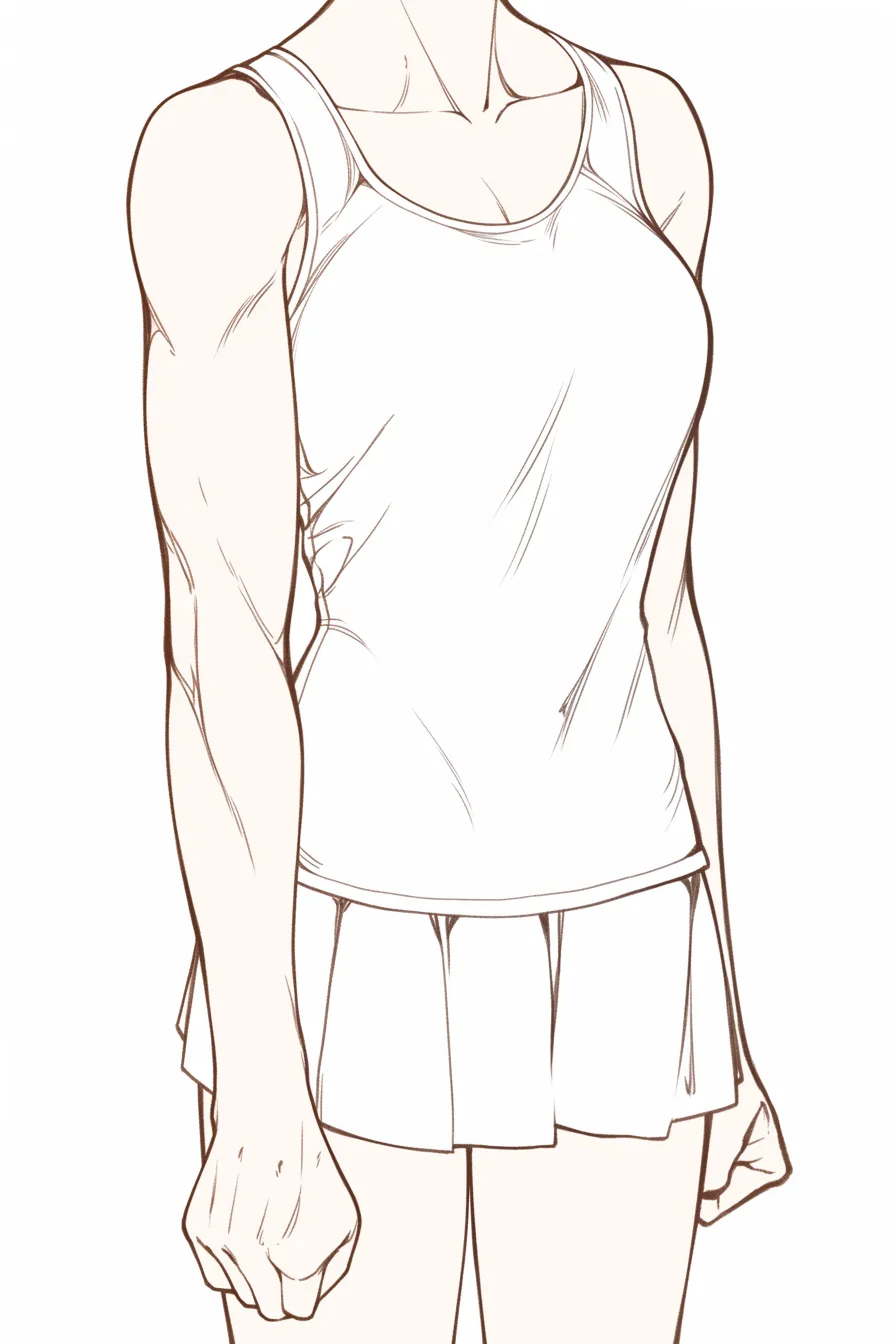 腕と斜め構図｜【基本構造】身体を斜めに構えた姿を描き方として整理し、腕の長さと筋肉の張りを強調しています。衣服のシワも腕の流れを補足しています。<br>【演出の方向性】角度をつけることで立体感と迫力が増し、動的な緊張感を演出しています。<br>