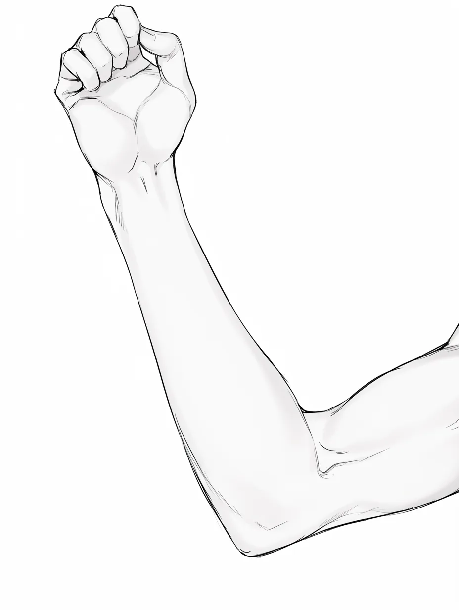 曲げた腕の拳｜【基本構造】前腕をやや斜めに上げ、拳を強く握り込む描き方。シンプルなアングルで筋肉のラインを明確に示しています。<br>【演出の方向性】背景や体の動きを省き、握り拳そのものに焦点を置くことで「決意」や「強さ」の象徴として印象づけています。<br>