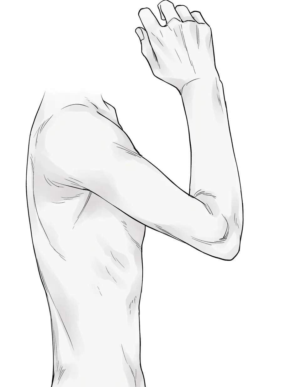 曲げた腕の横姿｜【基本構造】胸から腕にかけてを横から見せる描き方で、肘を軽く曲げ、手を顔の前に置いています。肋骨や肩甲骨の位置関係も自然に強調されています。<br>【演出の方向性】シンプルな線画と控えめな陰影で、力感よりも自然な人体の流れを意識させ、落ち着いた印象を与えています。<br>