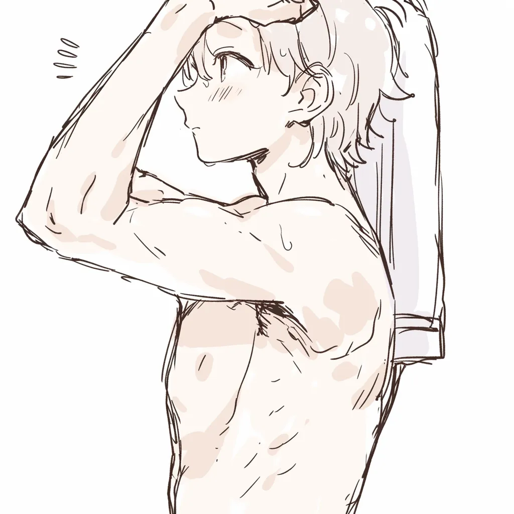 曲げた腕の整え｜【基本構造】腕を上げて頭に触れるポーズを横から描き、上腕と前腕の角度を柔らかく曲げた描き方。肩から胸までのラインを強調しています。<br>【演出の方向性】濡れた髪や赤みを伴う頬で入浴後の雰囲気を出し、腕の動きに日常的でリラックスした印象を与えています。<br>