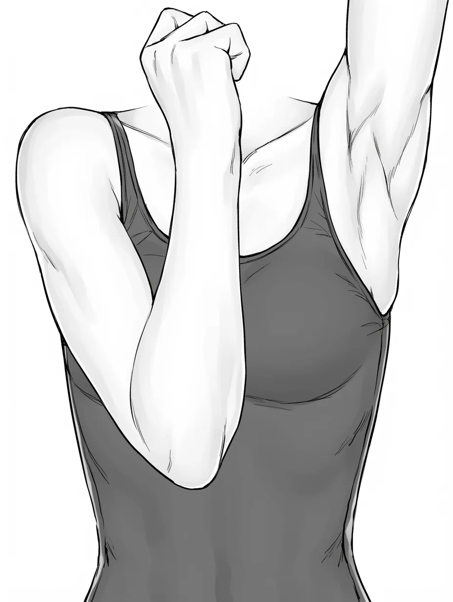 肘を曲げる女性｜【基本構造】肩から上腕を強調し、肘を直角に曲げた描き方。拳を胸元に寄せ、タンクトップのラインで体のバランスを示しています。<br>【演出の方向性】シンプルな構図の中で、腕の張りと布地の対比を利用し、女性らしい柔らかさと力感の同居を表現しています。<br>