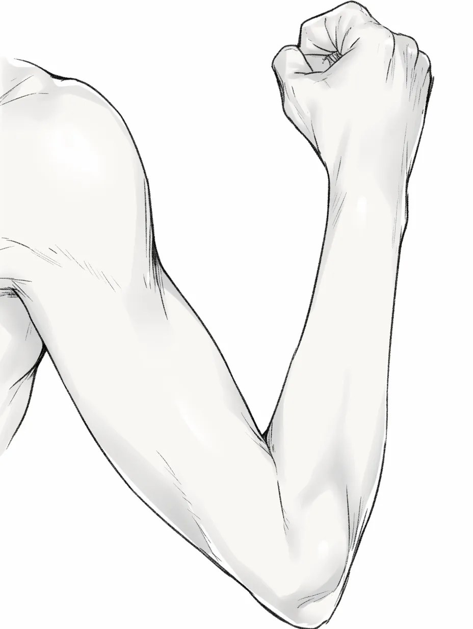 肘を曲げた力こぶ｜【基本構造】上腕二頭筋を強調し、肘を鋭角に折り、拳を突き上げる描き方。筋肉の膨らみと関節の折れがはっきり出ています。<br>【演出の方向性】陰影をしっかりと入れ、筋肉の硬さを強調することで「力強さ」や「決意」を象徴させています。<br>