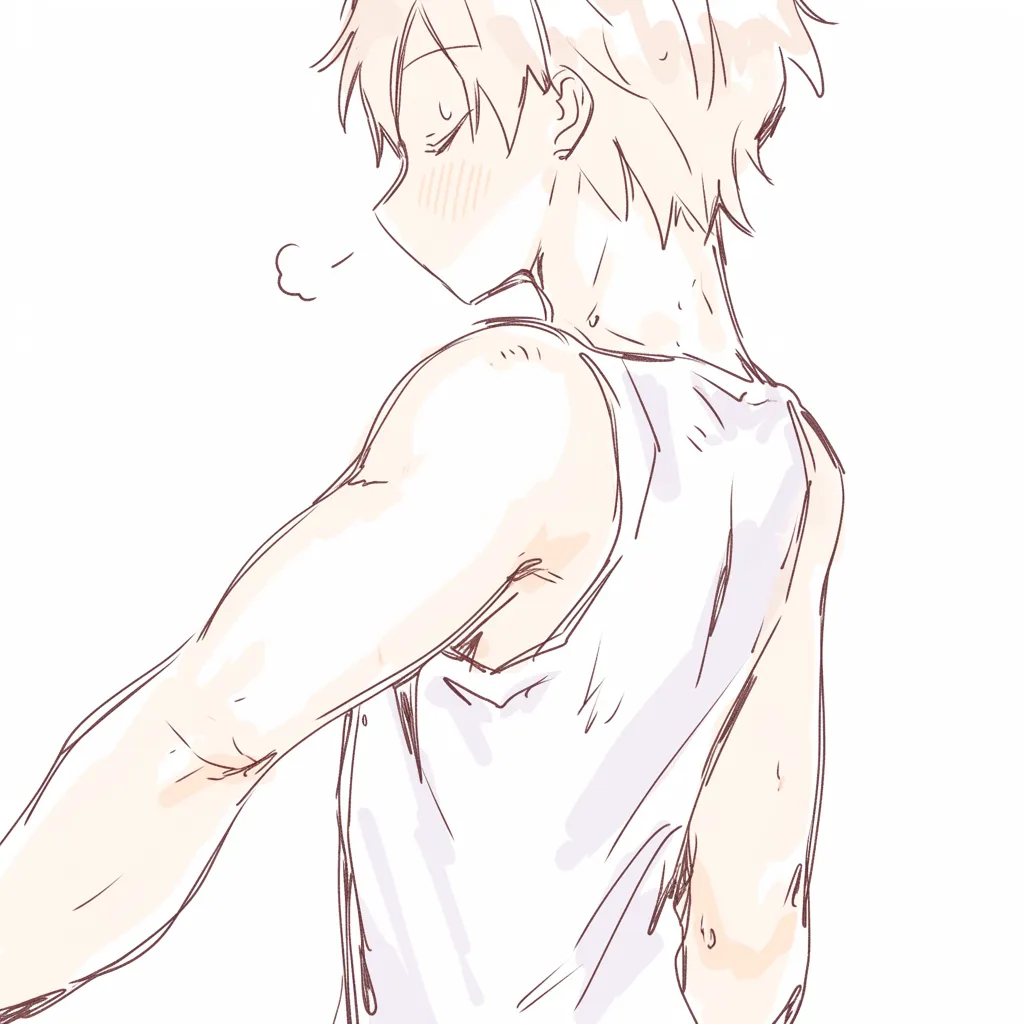 肘を突き出す横姿｜【基本構造】横向きの姿勢で肘を曲げ、二の腕から前腕にかけての描き方を自然に表現。肩甲骨や背筋も輪郭で示されています。<br>【演出の方向性】吐息や赤みを加えることで、動作の疲労感や達成感を伝え、シーンの臨場感を高めています。<br>