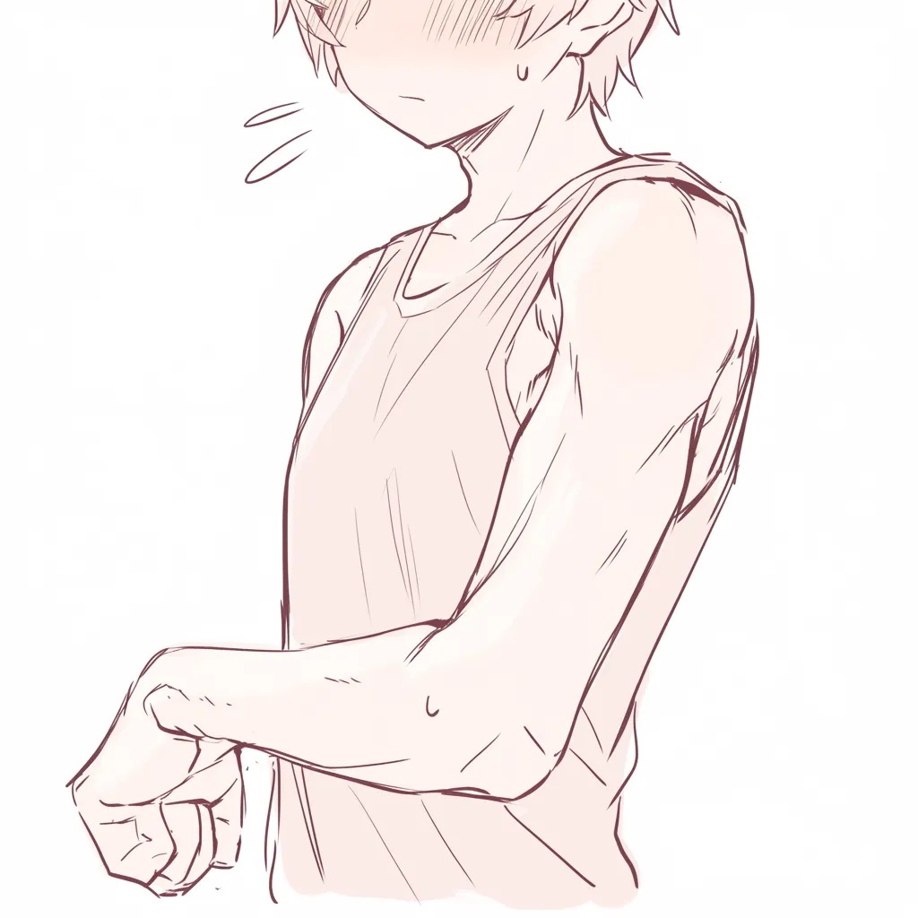 肘を下げた動き｜【基本構造】上腕を体に沿わせ、肘を軽く曲げて前腕を前方に突き出す描き方。肩から手首にかけて自然な流れを意識しています。<br>【演出の方向性】視線を落とし頬を赤らめることで、緊張や恥じらいのニュアンスを与えています。<br>